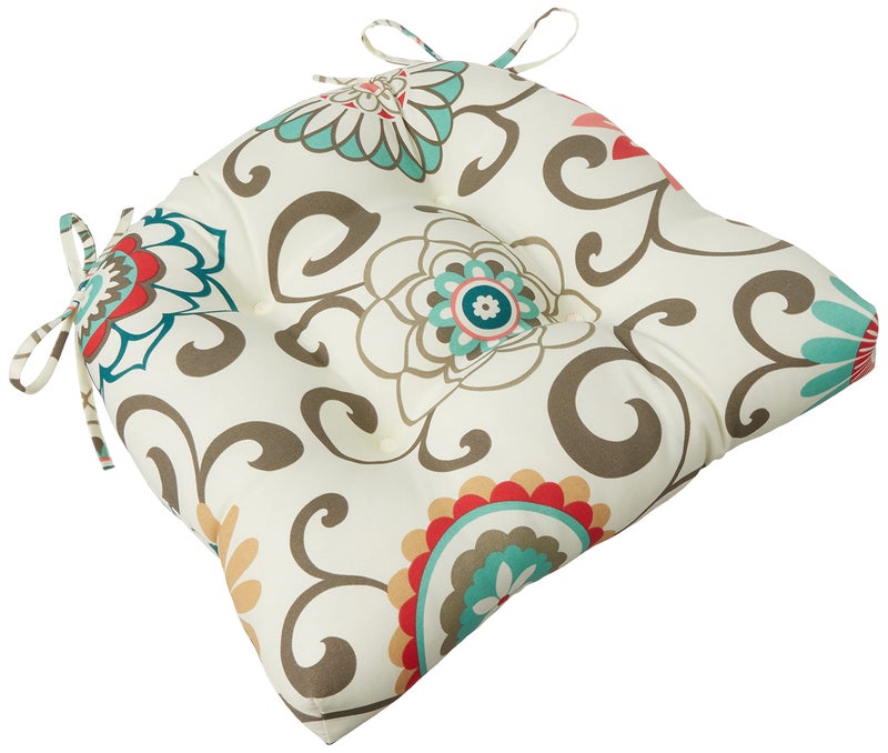 Pillow Perfect Bright Floral Indoor/Outdoor Tufted Wicker Seat Cushion With Ties, 2 Count, 17" x 17.5", Blue/Brown Pom Pom Play - Image 1